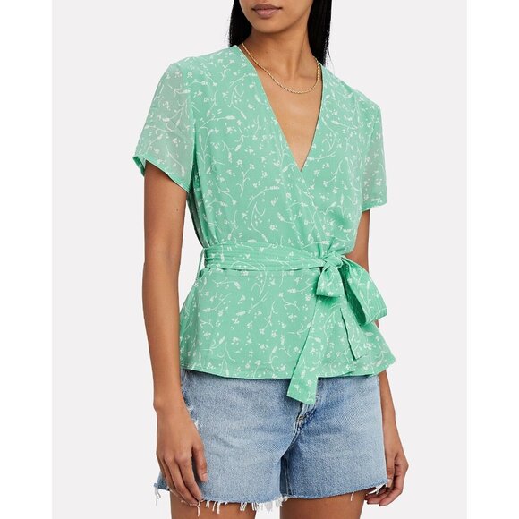 SAMSOE SAMSOE Klea Green Floral Crepe Short Sleeve Wrap Blouse, Size S - Picture 1 of 16